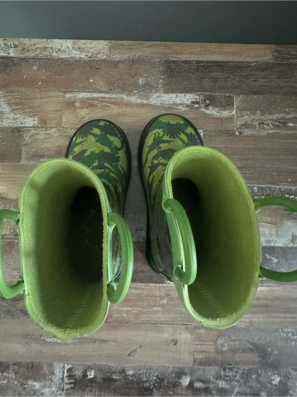 Kids Green Dino Camo Rain Boots with Easy Grab Handles